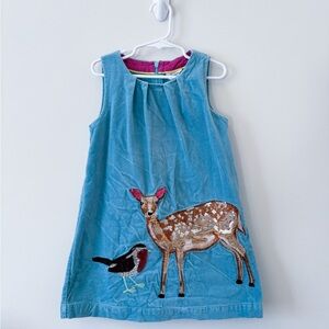 Mini Boden Blue Velour Jumper Dress with Deer and Bird Embroidery